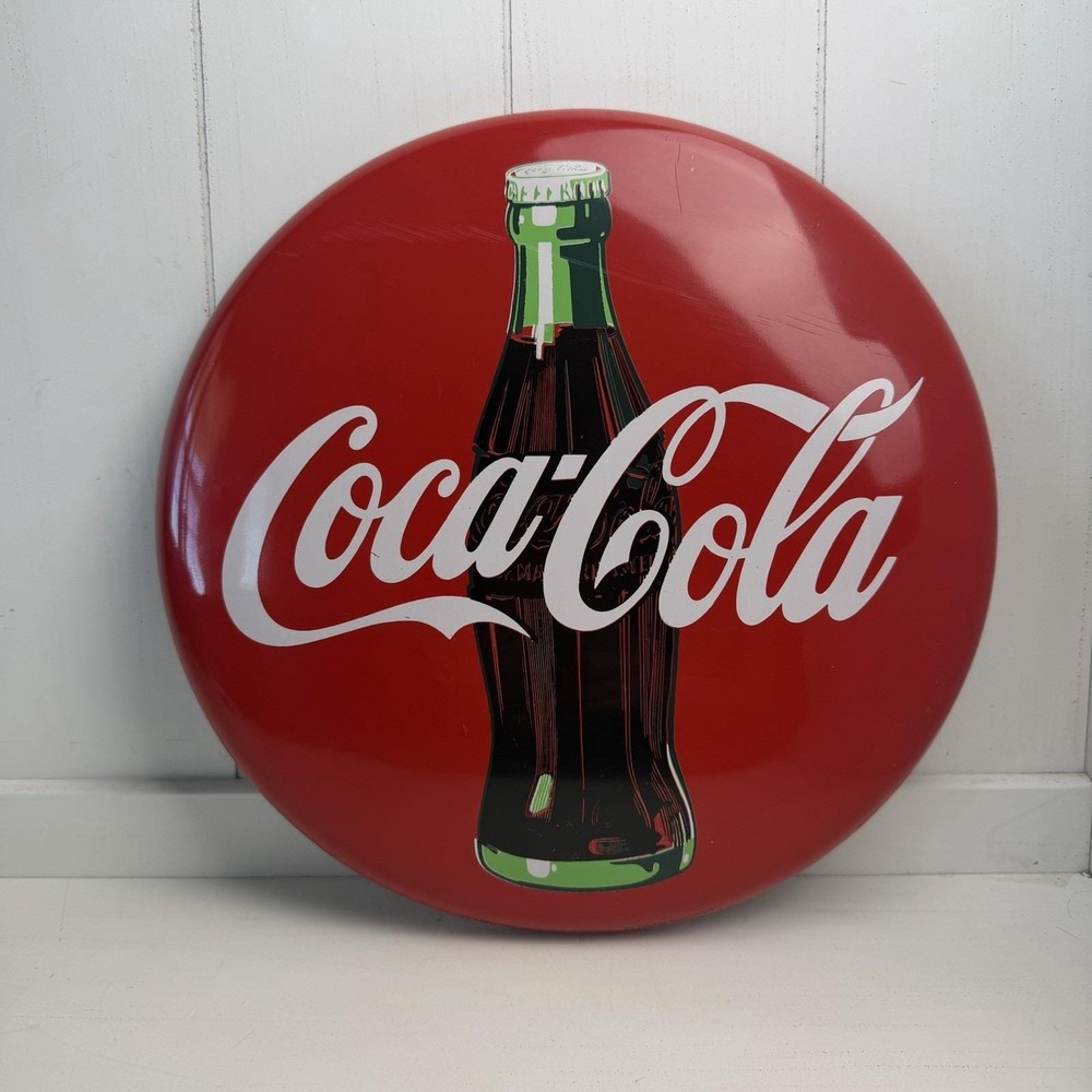 Vintage 1990 Coca-Cola Bottle Round Metal Tacker Sign 12" Coke Advertising